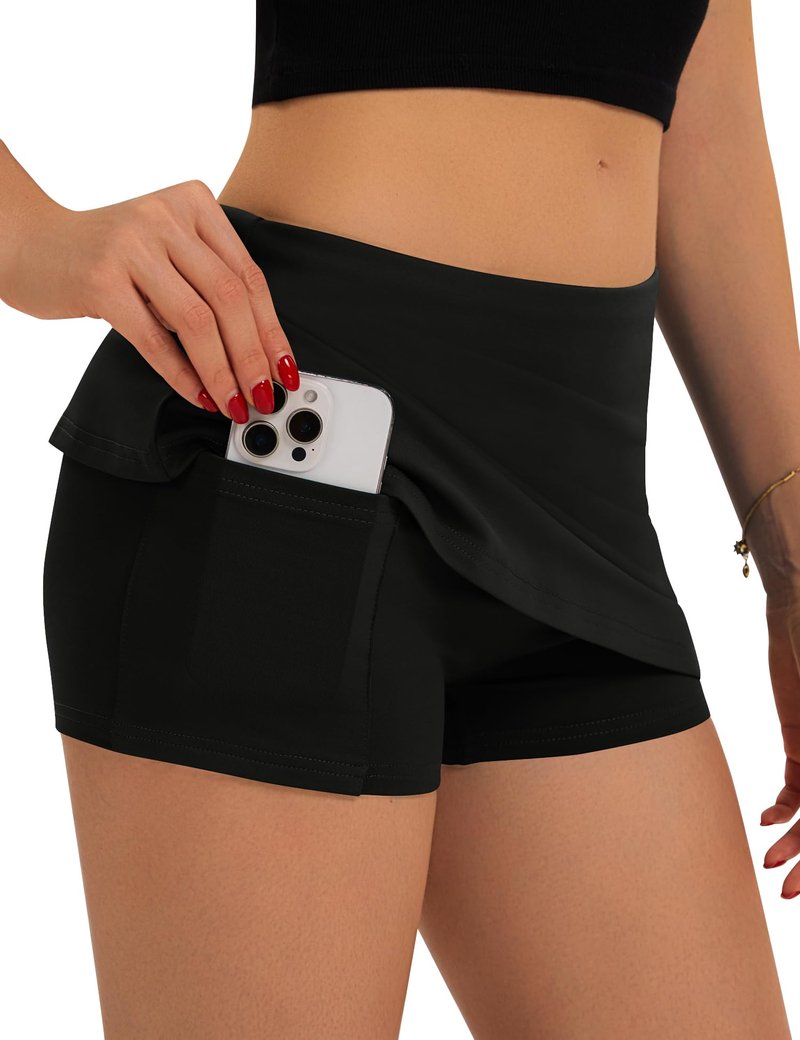 LOMON Women's Low Waist Casual Micro Mini Skirt with Built-in Shorts with Pockets Stretchy Skorts Summer Going Out Outfits Black S