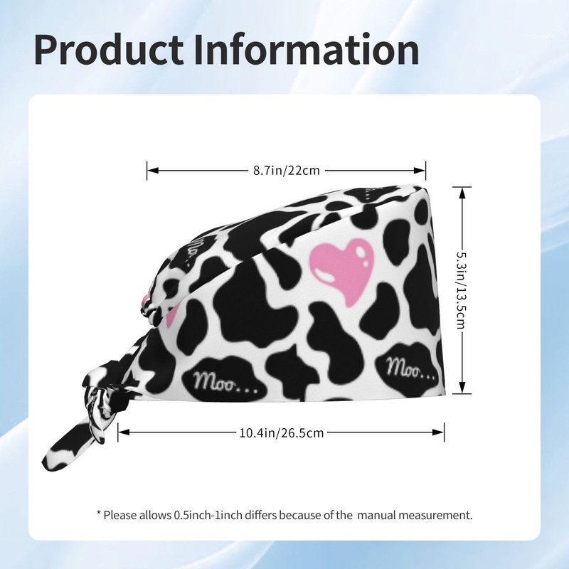 Black and White Cow Print Love Heart Cute Pink Working Cap Scrub Cap with Sweatband Adjustable Unisex Women Tie Back Hat Nurse Surgical Caps
