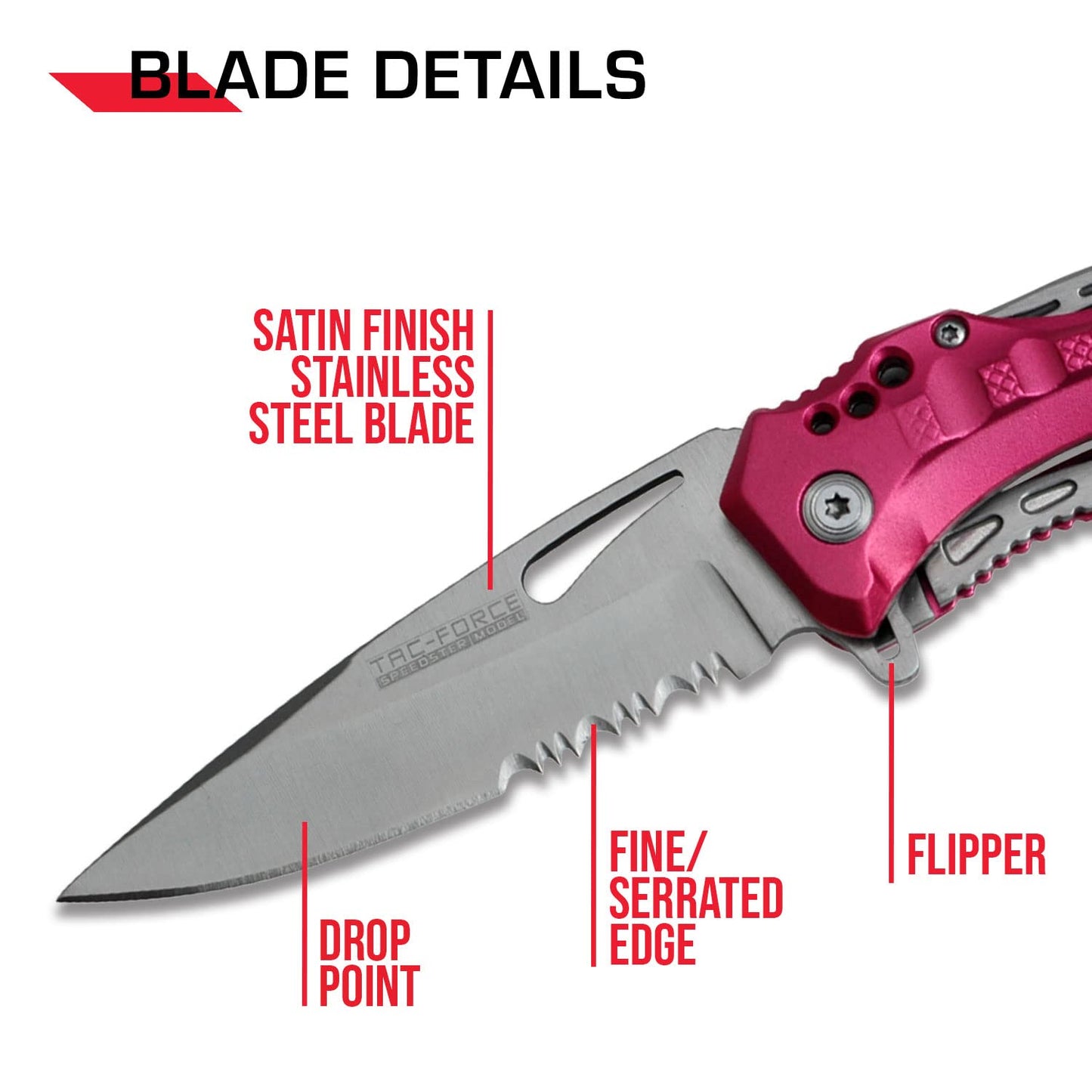 TAC FORCE Spring Assisted Folding Pocket Knife – Black Stainless Steel Blade with Pink Aluminum Handle, Bottle Opener, Glass Punch and Pocket Clip, Tactical, EDC, Rescue - TF-705RD