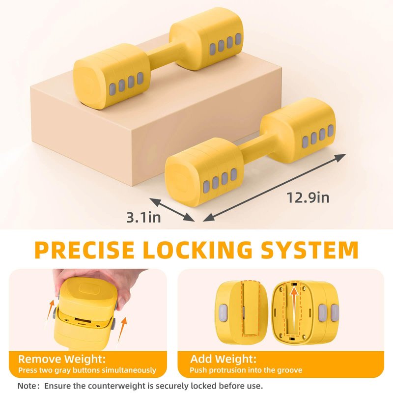 Hezeyferg Adjustable Dumbbell Set, Total 13.2LB Weights Dumbbell Set with Each 5 Levels 2.2lb/3.3lb/4.4lb/5.5lb/6.6lb, Hand Weights for Women/Men Home Office Gym Full-Body Workout (Yellow)