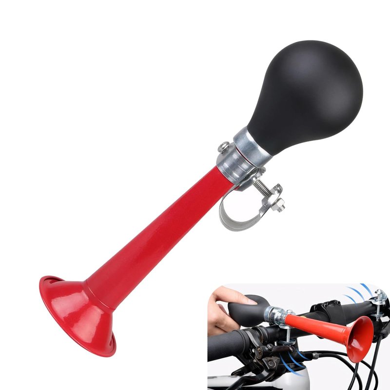 DACIRTY Bike Metal Air Horn, PVC Alloy Flood Sound Squeeze Ball Horn, Head/Mid Tube/Tail Modification Accessories, Suitable for Most Mountain Bikes Bicycles Beach Bikes (Red)