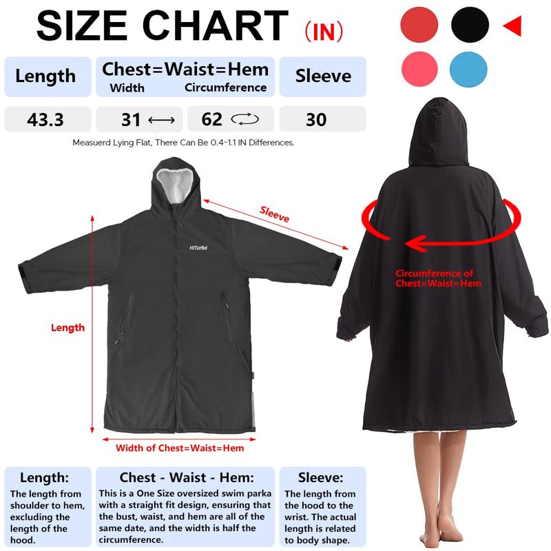 Hiturbo Warm Waterproof Swim Parka: Oversized Hooded Changing Robe - Sherpa Liner Swimming Coat - Recycled Fabric Surf Poncho (Black)