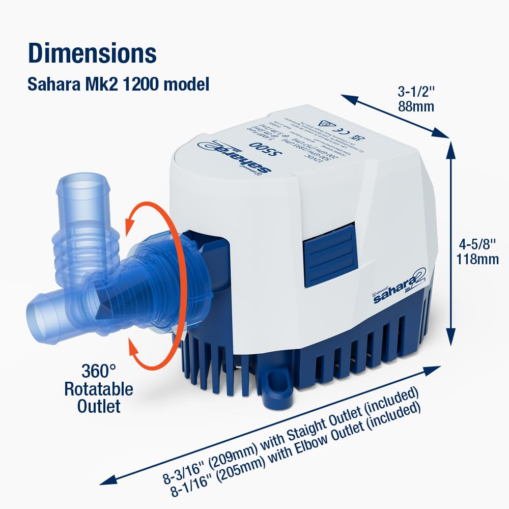 Attwood 5512-7 Sahara MK2 S1200 (12V), Automatic Bilge Pump, 1200 GPH, with Fittings (Elbow & Straight), Direct Replacement for Attwood 4511-7