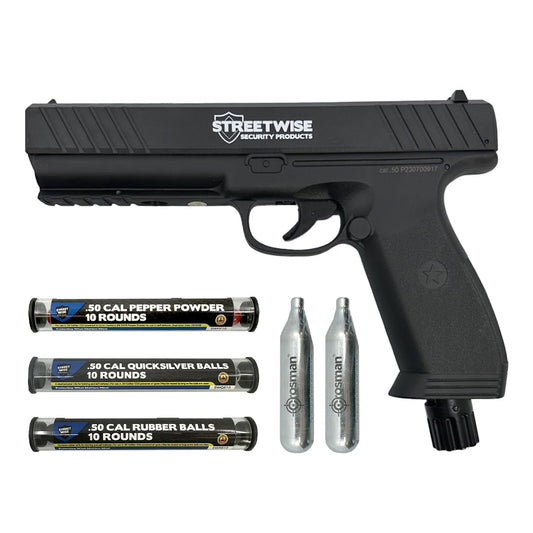 Streetwise Heat .50 Caliber Pepper Launcher California Compliant. Includes 10 Rubber Balls, 10 Quicksilver Metal Composite Rounds, 2 C02 Canisters.