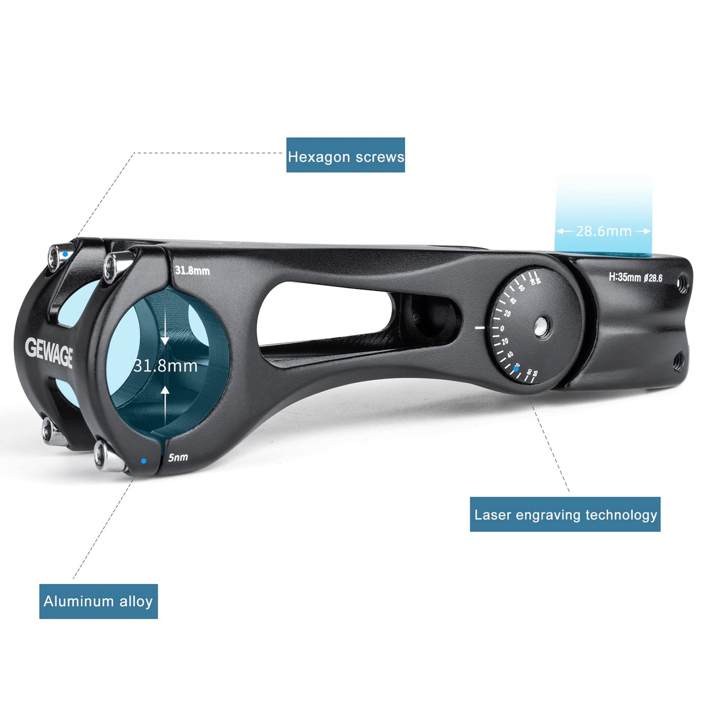 GEWAGE Bike Bicycle Stem - -65 ~ +45 Degree Adjustable Bike Stem- 140mm Bike Stem Riser for 31.8(1-1/4") Handlebars- Aluminum Alloy Mountain Bike Handlebar Riser Extender for Mountain Road City Bike