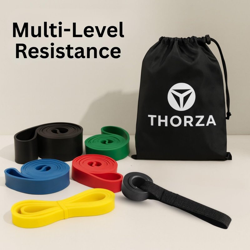 THORZA Resistance Bands Set – 5 Stackable Levels Up to 150 lbs, Workout Bands with Handles, Door Anchor & Carry Bag, Latex-Free TPE Exercise Bands – Full Body Home Gym (7-Piece Set)