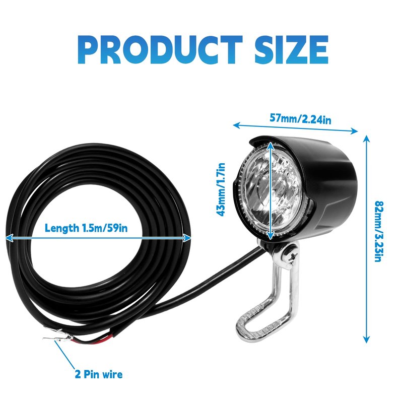 Zaisport Electric Bike Headlight, DC 6V-60V, 30 Lux Brightness, Ebike Front Light 2 Pin with 1.5 Meter Cable