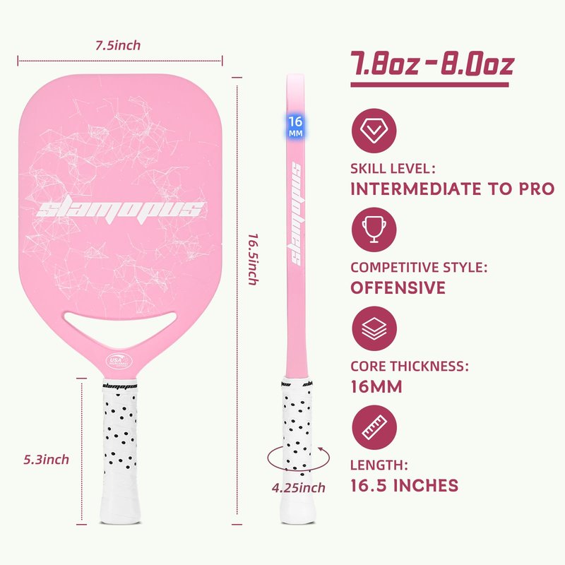 Slamopus Pro Pickleball Paddle| T700 Carbon Fiber Pickleball Paddles with 16mm Polymer Honeycomb Core & Overgrips| Premium Pickle Ball Racket Enhanced Control & Spin & Power| USAPA Approved（Pink）