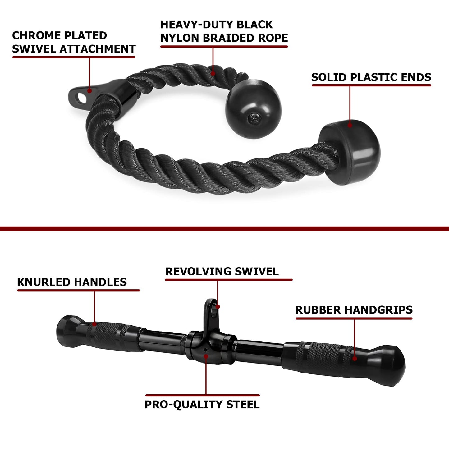 A2ZCARE Combo Rubber Grip Cable Attachments for Gym, Cable Machine Accessories, LAT Pull Down Attachment (C. Black - Combo Rubber Handgrip: V-Handle, V-Bar, Rotating Bar, Tricep Rope and 2 Snap Hook)