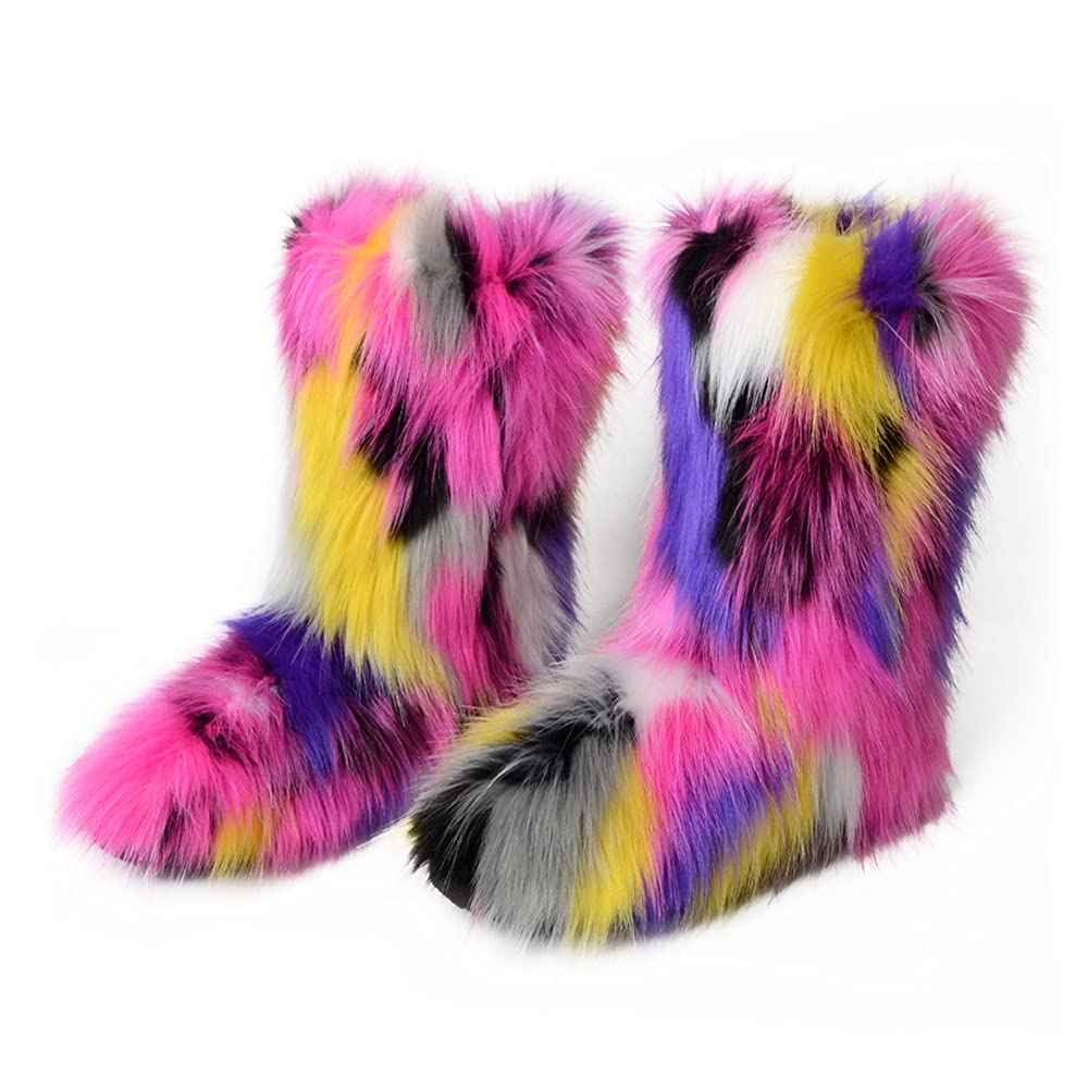 ZOSCGJMY Faux Fur Boots for Women Fuzzy Fluffy Furry Round Toe Suede Winter Snow Boots Flat Shoes Multicolor-6 10