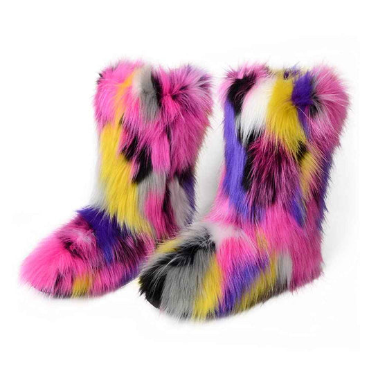 ZOSCGJMY Faux Fur Boots for Women Fuzzy Fluffy Furry Round Toe Suede Winter Snow Boots Flat Shoes Multicolor-6 10