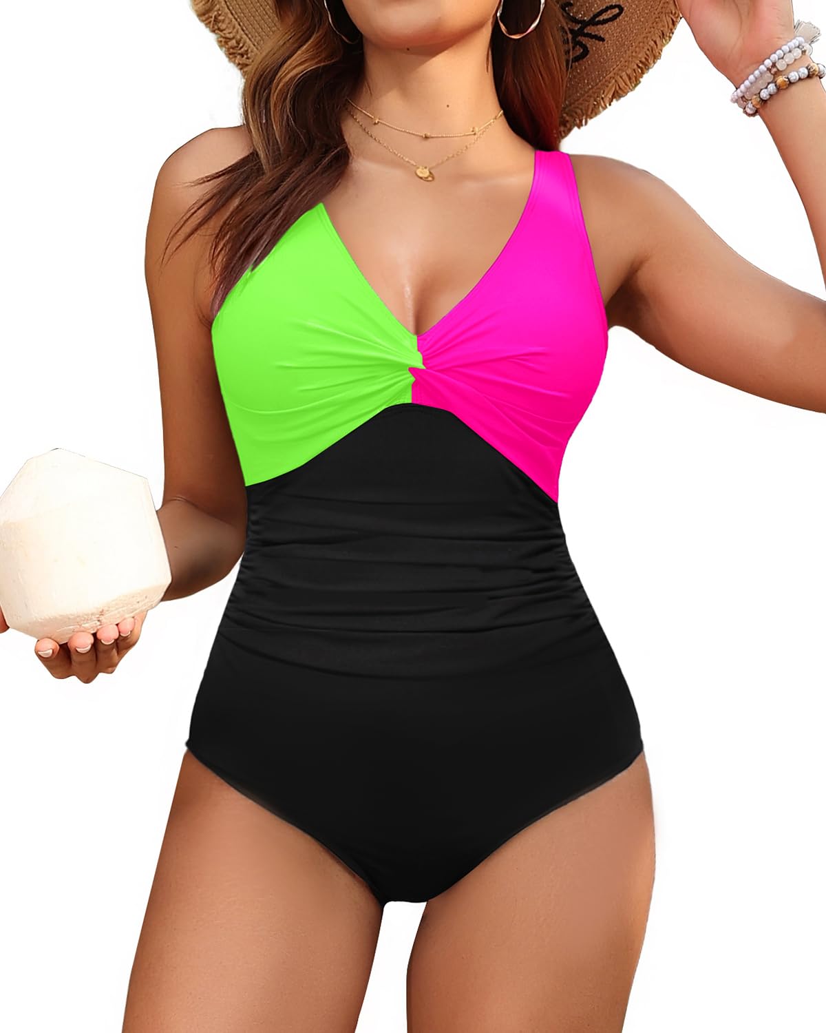 Holipick Green Pink Black Women Tummy Control One Piece Swimsuit - Push Up Bathing Suit Full Coverage Slimming Swimwear XL
