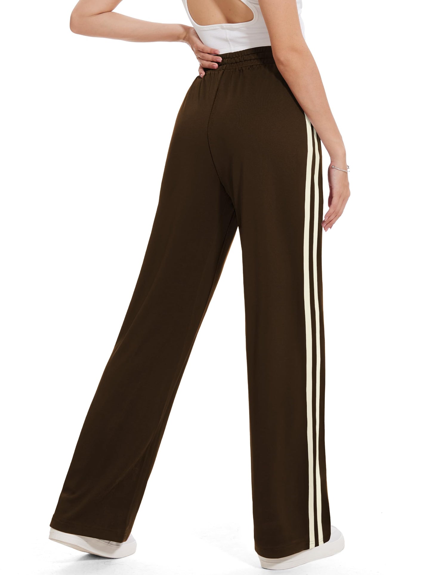Tapata Long Womens 32" Inseam Track Pants Relaxed Fit Striped Workout Sweatpants Baggy Trousers with Zipper Pockets, Brown, L