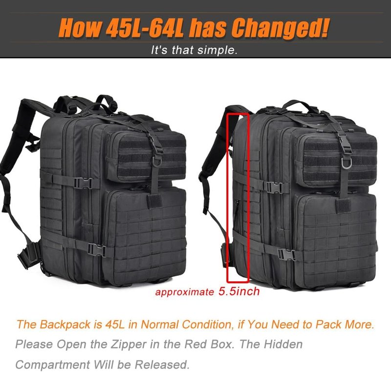 Tactical Backpack - 64L Military Molle Bag for Hiking | Black Durable Design