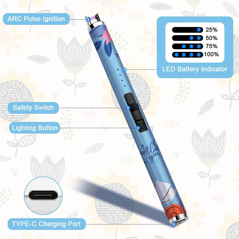 USB Type C Electric Candle Lighter - Flameless Plasma Design with LED Battery Display | Rechargeable & Windproof (Blue)