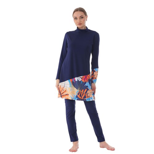 eo elif okur Islamic Long Sleeve Swimsuits for Women Modest Muslim 5 PCS | Full Cover Rash Guard Burkini | Arabic Swimwear (Navy Blue-Tropical/L)