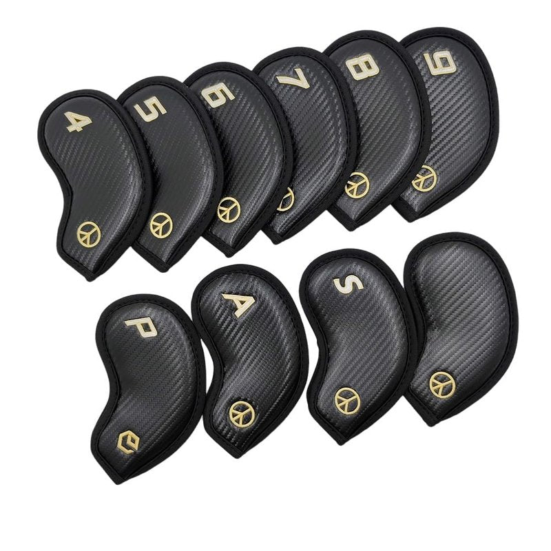 Golf Iron Covers 10pcs Set Cool Techiness Carbon Texture Numbers Embroidered Compact Fit Blade-Style Golf Irons Durable Precision Golf Club Head Covers