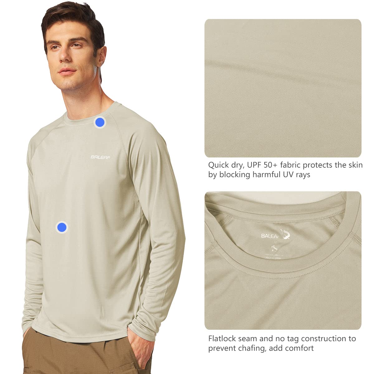 baleaf Mens UPF 50+ Sun Protection Shirts Long Sleeve Rash Guard, Quick Dry 4-Way Stretch for Fishing Swimming Surfing 01-Oatmeal 3XL