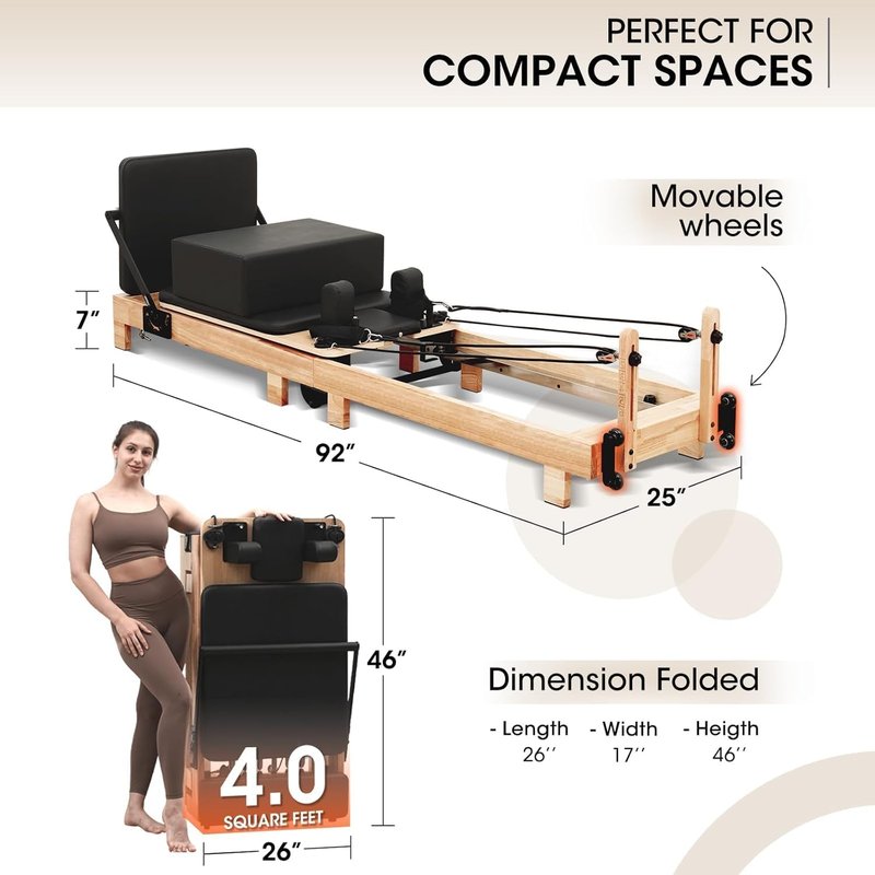 Wooden Pilates Reformer Machine - 92” PAETA Reformer with Springs, Jump Board & Accessories for Home or Studio Use