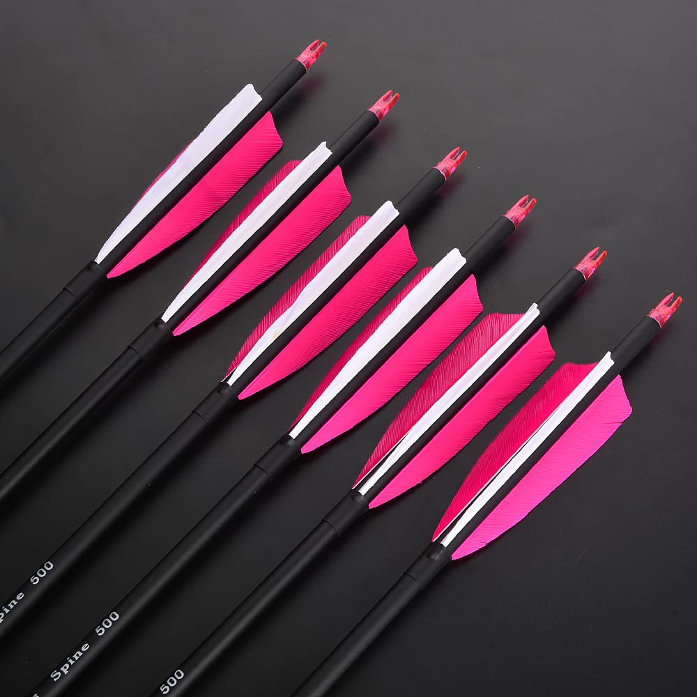 ZSHJGJR 30 Inch Archery Carbon Arrows Hunting Arrows with 4” Turkey Feather Target Practice Arrows Spine 500 for Compound & Recurve &Traditional Bow 6/12pcs (12 x Pink Arrows)