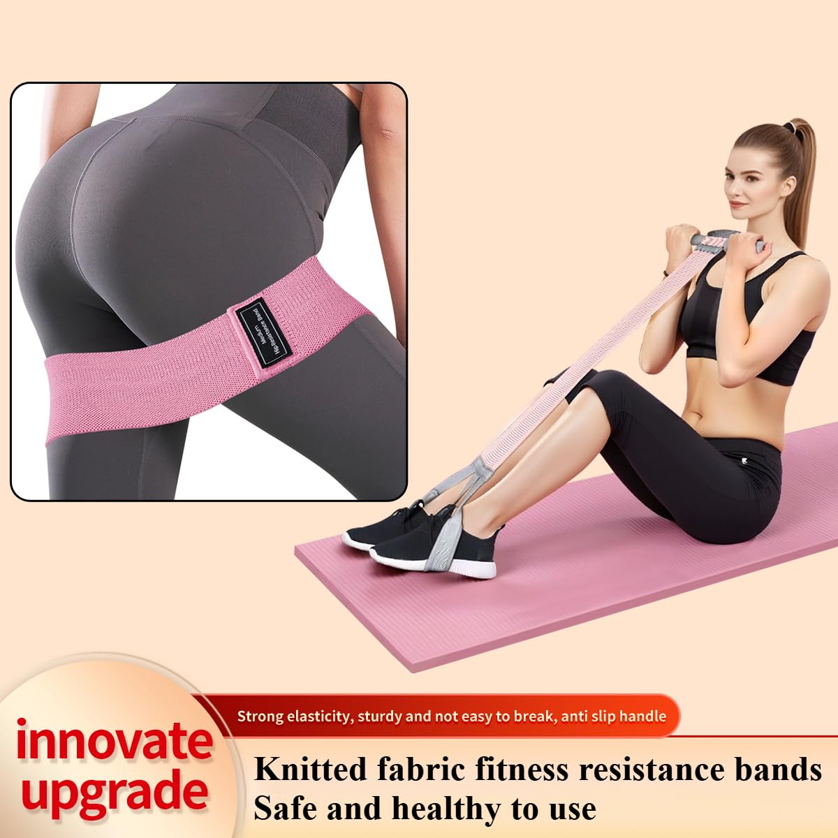Durable Pedal Resistance Band with Handles, 3 Tension Levels Hip Bands Set, Upgraded Anti-Snap Foot Pull Exercise Band for Home Workout, Strength Training, Yoga Rehabilitation & Physical Therapy(Pink)