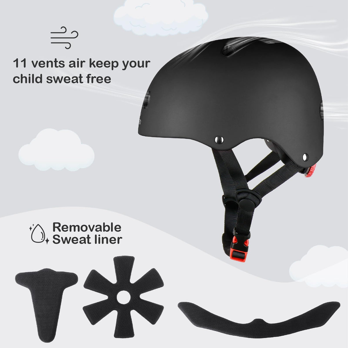 KAMUGO Kids Bike Helmet, Toddler Helmet for Ages 2-8 Boys Girls with Sports Protective Gear Set Knee Elbow Wrist Pads for Skateboard Cycling Scooter Rollerblading (Black)