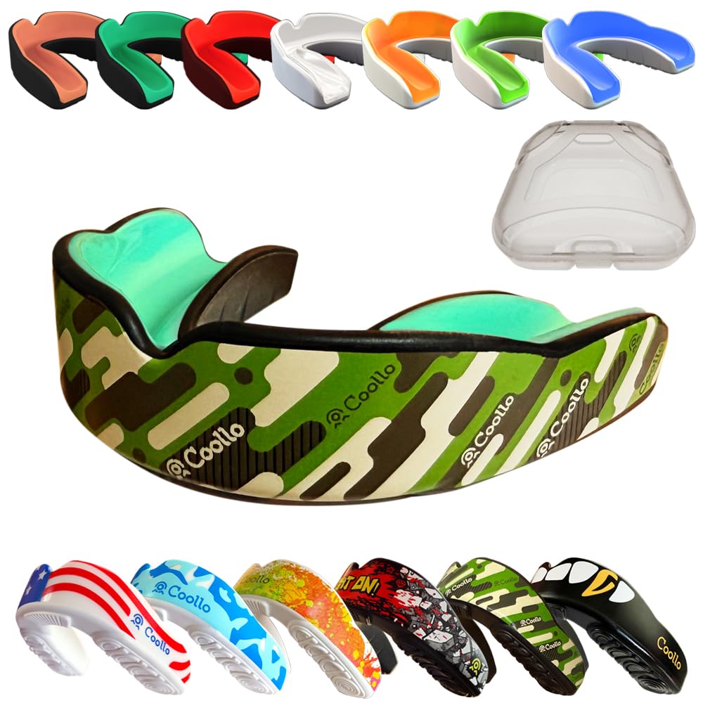 COOLLO SPORTS Boil and Bite Mouth Guard (Youth & Adult) DA Custom Fit Sport Mouthpiece for Football, Hockey, Rugby, Lacrosse,Boxing,MMA(Free Case Included!) (Green Camo, Adult -Ages 11 & Above)