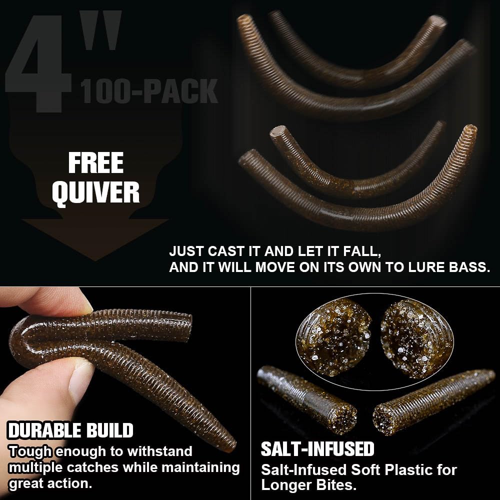 Wacky Worms Soft Plastic for Bass Fishing Lures–100 Pack 4" & 5" Stick Baits Wacky, Texas, Neko & Drop Shot Rigs–Bulk Soft Lure (2-Green Pumpkin w/Black Flake, 4")