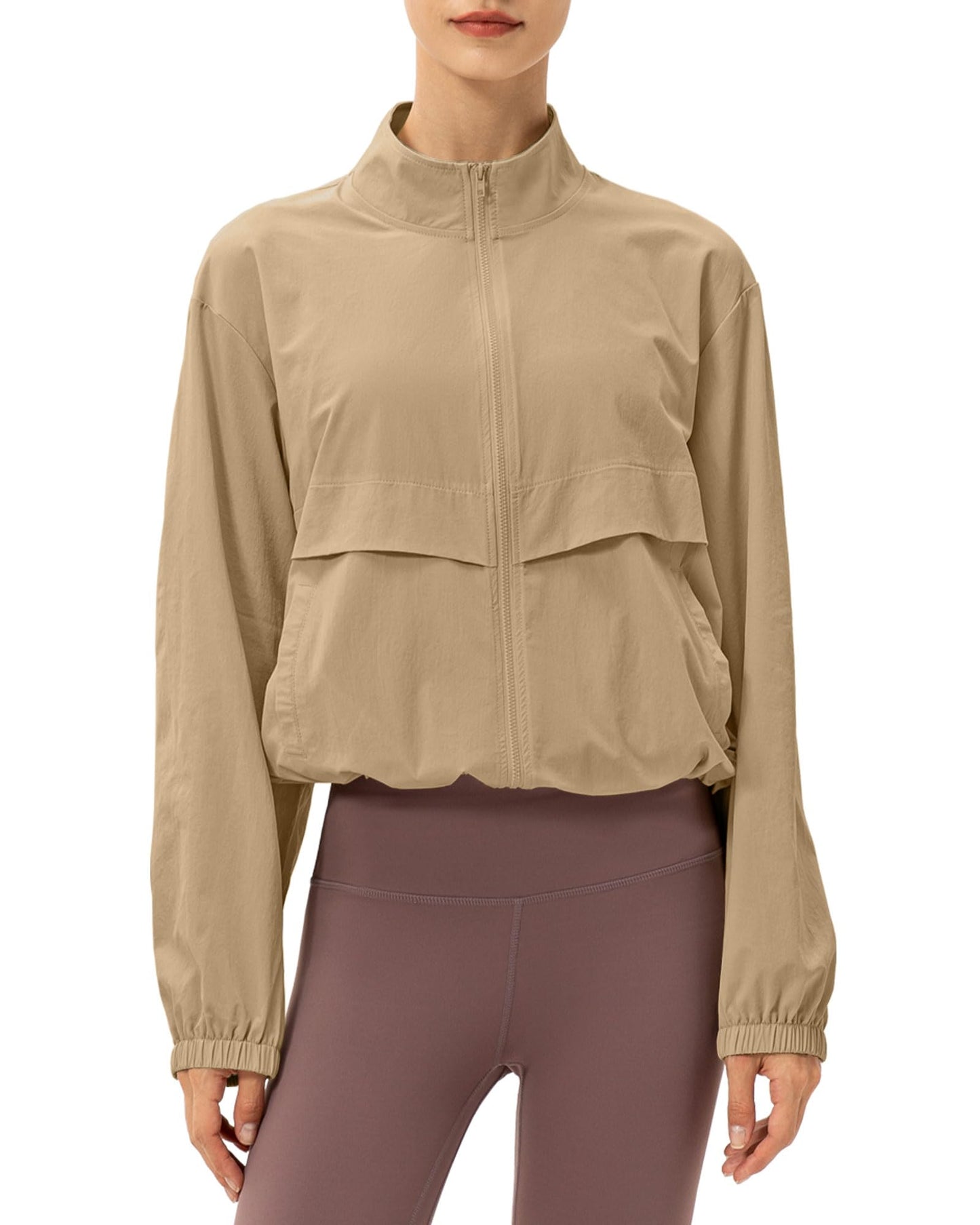Locachy Women's Lightweight Zip Up Athletic Jacket Stand Collar Windproof Sun Protection Workout Outdoor Jacket Khaki L