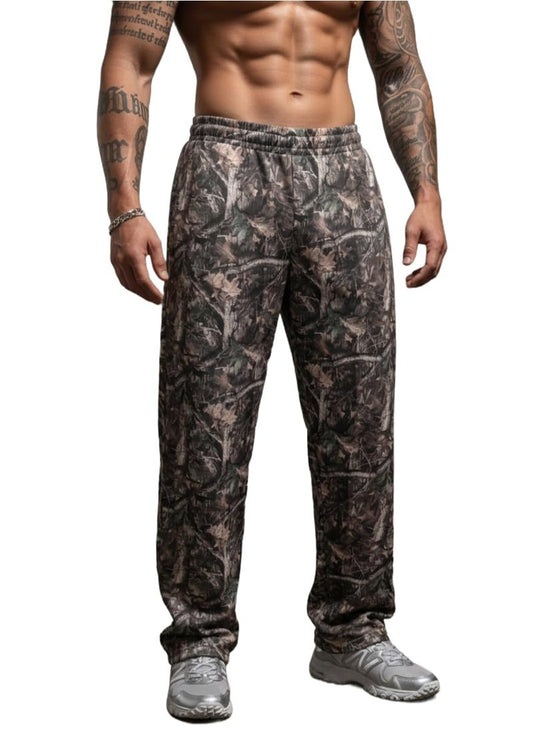 Piuntersite Men's Camo Sweatpants Loose Fit Joggers with Elastic Waist Pockets Quick-Dry Hunting Hiking Workout Athletic Pants Brown L