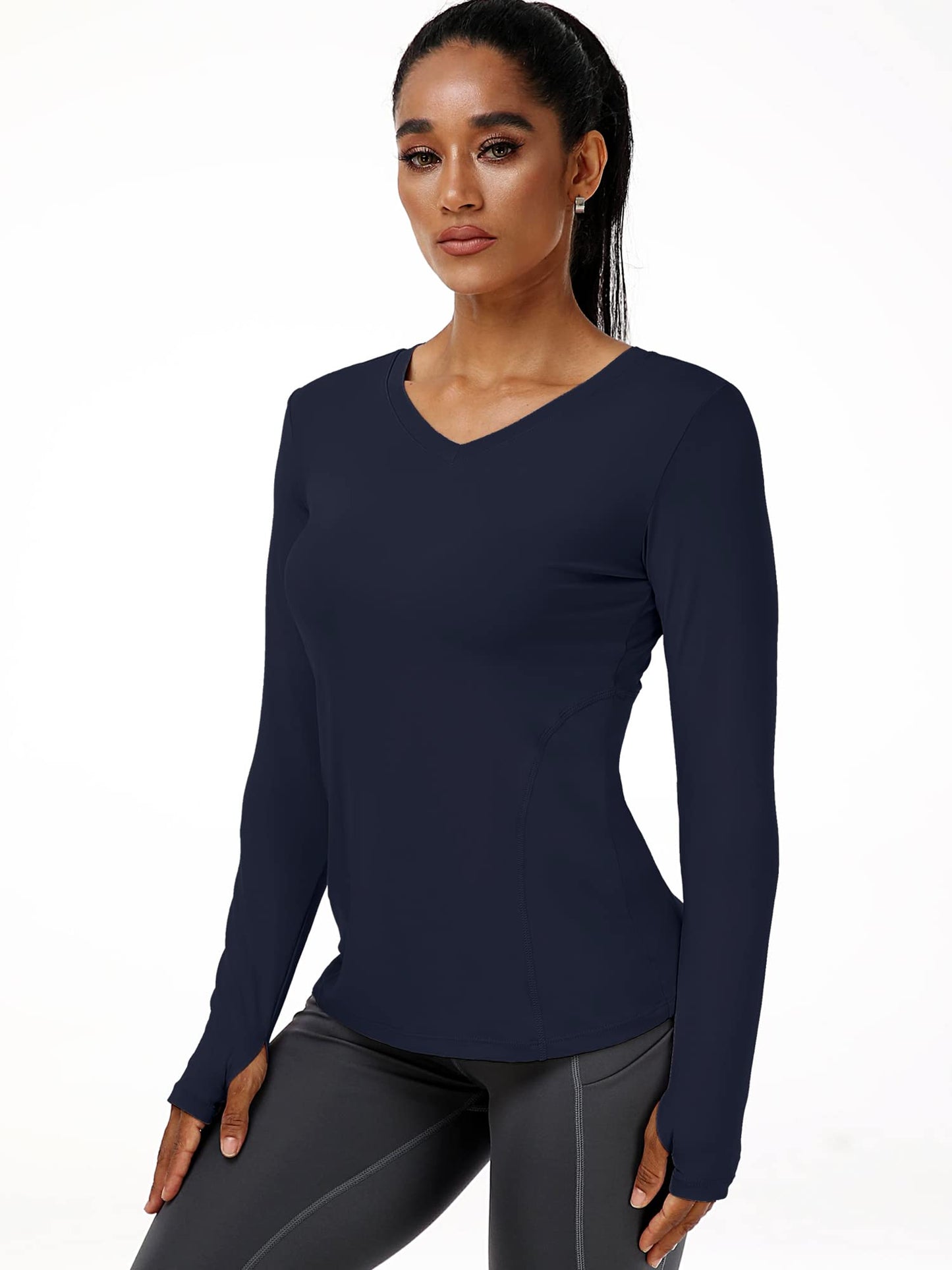 CADMUS Women's V-Neck Workout Shirts Long Sleeve Yoga Top Athletic Running T Shirt,Black, Grey, Navy Blue,Medium