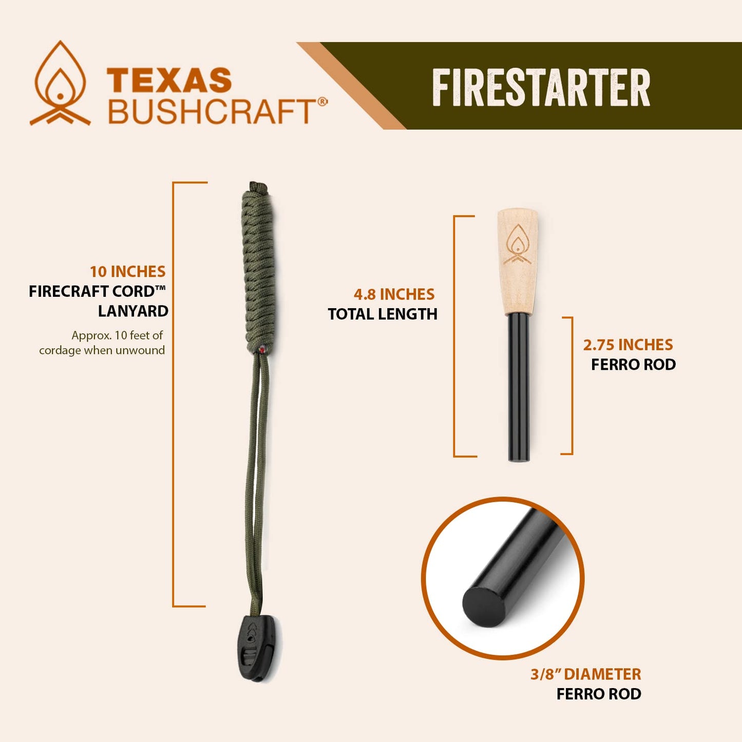 Texas Bushcraft Fire Starter - 3/8" Thick Ferro Rod with Striker and Paracord Wrist Lanyard – Waterproof Flint Fire Steel Survival Lighter for Your Camping, Hiking and Backpacking Gear