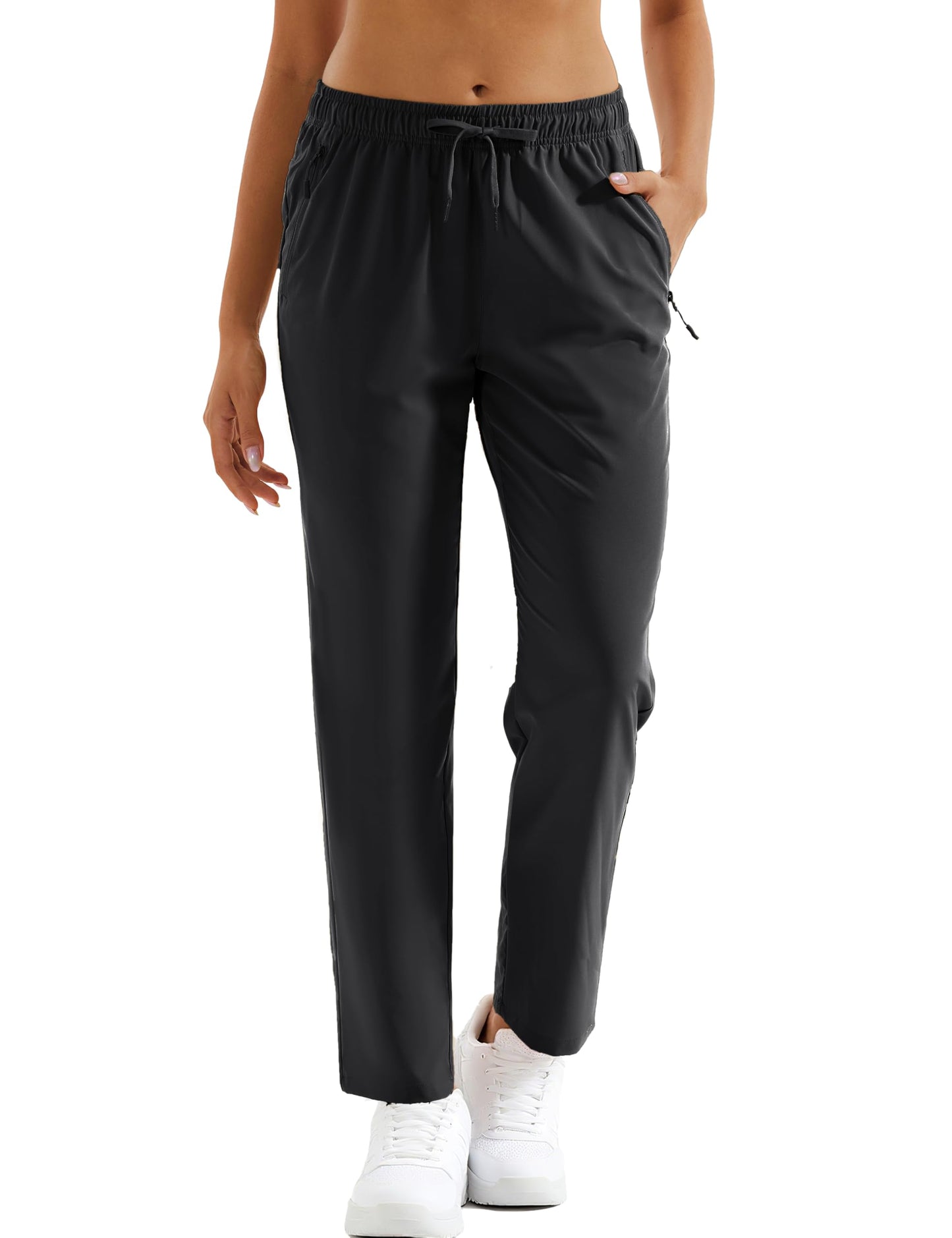MAGCOMSEN Black Hiking Pants Women Quick Dry Sun Protection Elastic Waist Athletic Travel Pants Drawstring Workout, XL