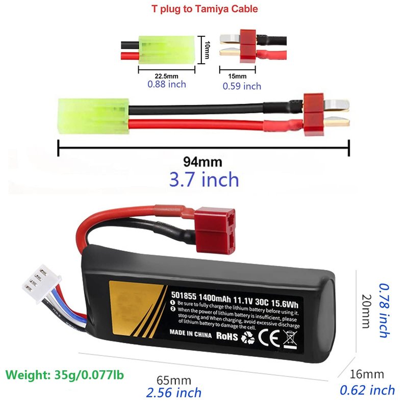 11.1V lipo Airsoft Battery 1400mAh 30C Rechargeable Hobby batteries with T Plug to Mini Tamiya Cable JST XH Connector Universal 11.1 Battery for electric Airsoft Guns splat ball gun Rifle Model