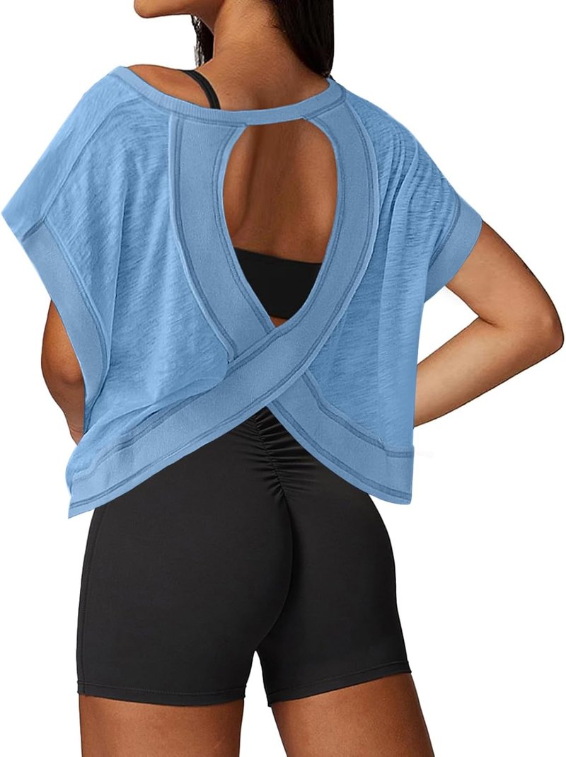 Open Back Workout Tops for Women - Loose Fit Athletic Crop Tee | Short Sleeve Gym & Yoga Shirt