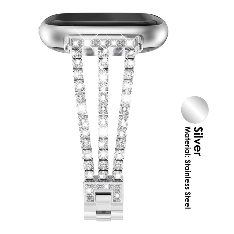 FULLIFE Compatible with Fitbit Versa 3/Fitbit Versa 4 Chain with Crystal Diamond Bling Metal Link Bracelet Strap Steel Fitbit Sense/Fitbit Sense 2 Band for Women, Silver