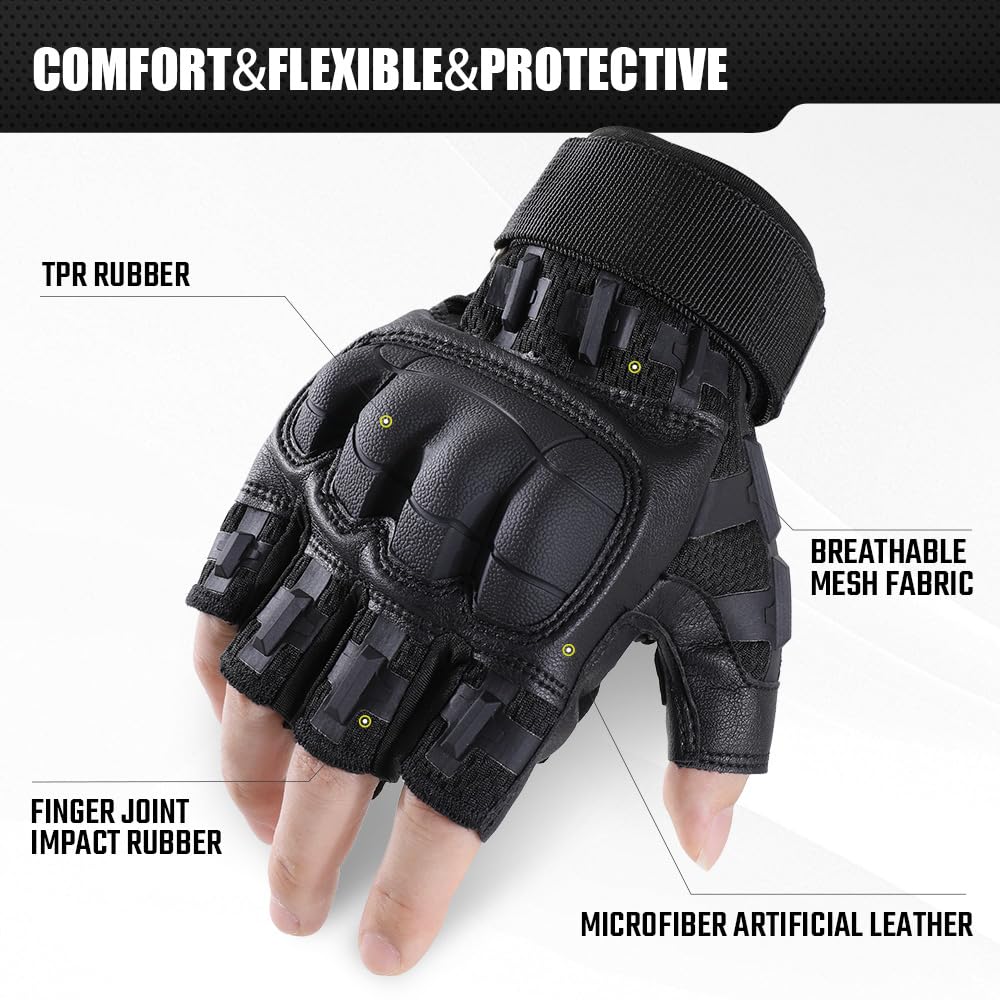 WTACTFUL Fingerless Tactical Gloves for Men Airsoft Paintball Bike Cycling Motorcycle Motorbike Hunting Hiking Work Outdoor Half Finger Gloves Black M