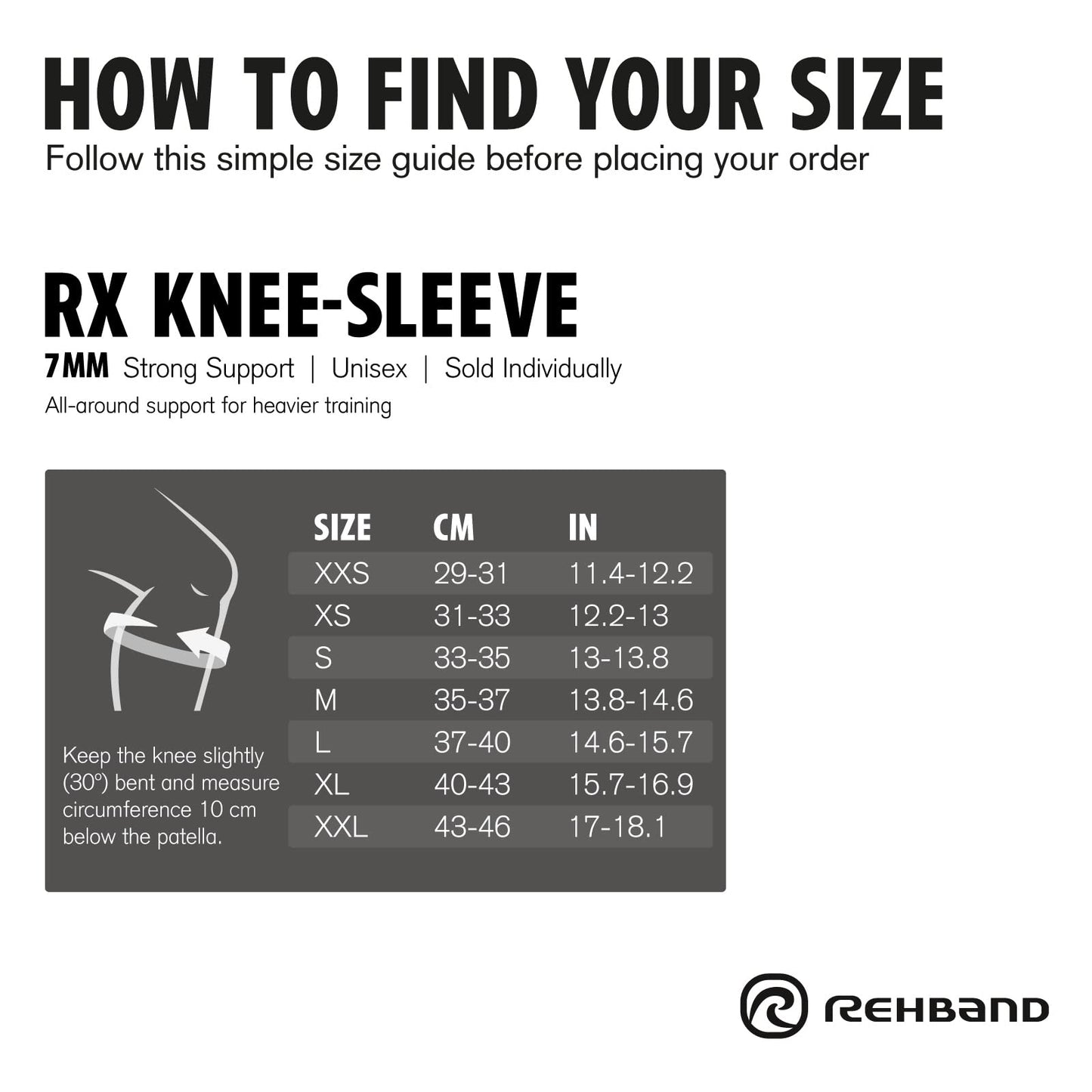 Rehband RX Knee Support for Strength Training & Fitness - 7mm Neoprene Knee Sleeve, Flexible & Non-Slip, Knee Sleeve for Men & Women, Colour:Carbon/Black, Size:Large