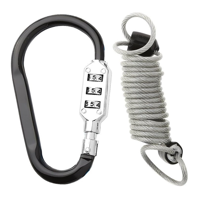 Kigauru D Shaped Code Lock Aluminum Carabiner Multifunctional Black Lock Carabiners with Spring Rope for Looped Bike Security Cable Lock Fence Lock Outdoor Lock