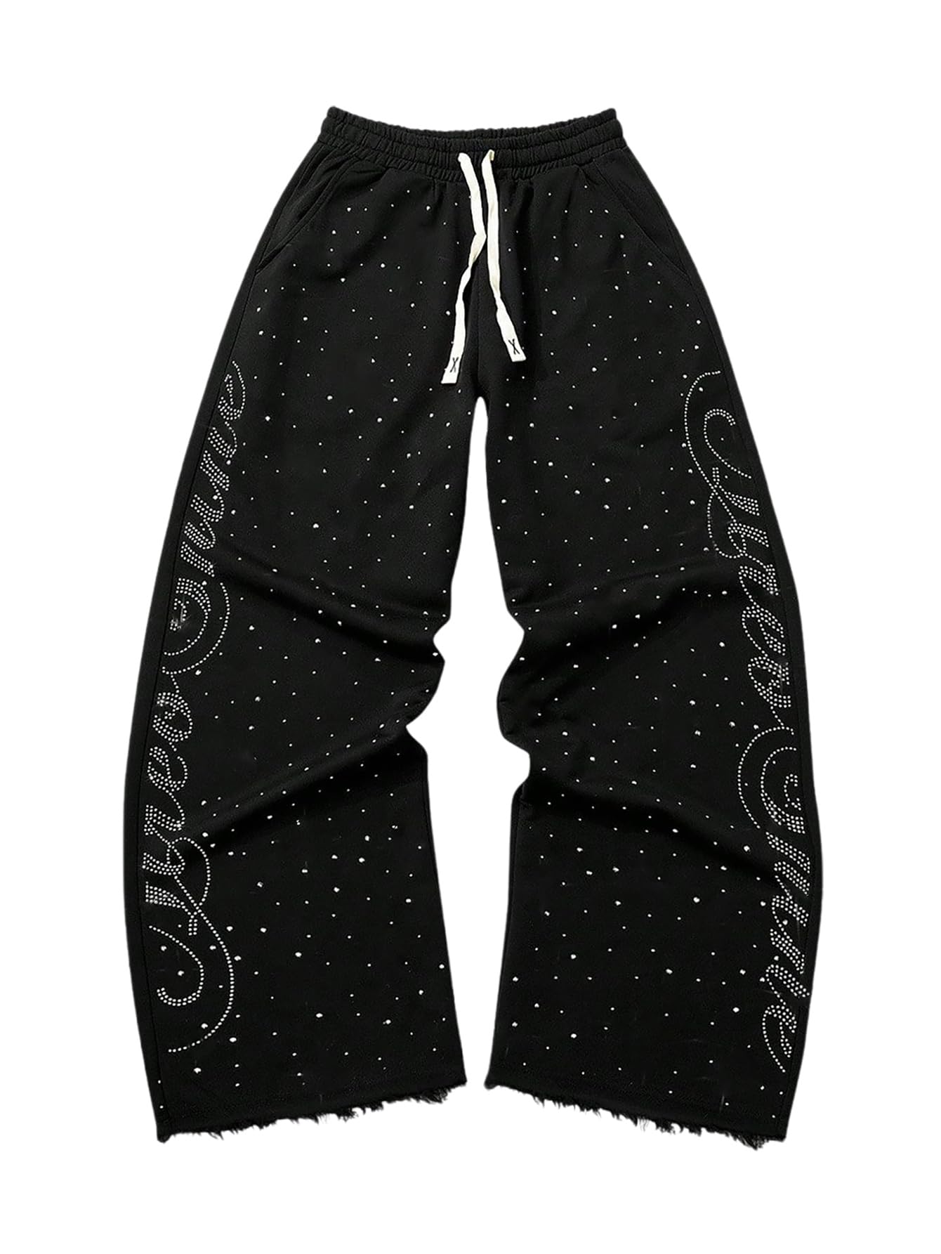 BEAUDRM Men's Rhinestone Baggy Sweatpants Y2k Drawstring Waist Wide Leg Track Pants Streetwear with Pockets Black Large