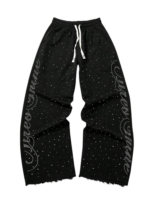 BEAUDRM Men's Rhinestone Baggy Sweatpants Y2k Drawstring Waist Wide Leg Track Pants Streetwear with Pockets Black Large