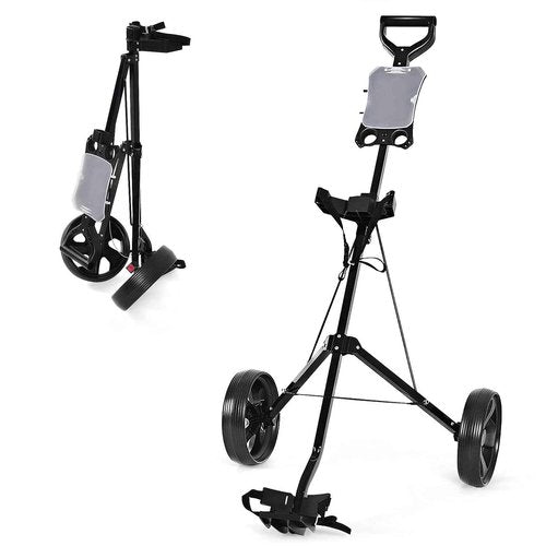 GYMAX Golf Cart, 2 Wheel Golf Push Cart with 9.5” Wear-Resistant Rubber Wheels, Elastic Strap & Scoreboard, Folding Lightweight Portable Golf Caddy Cart for Teens Adults