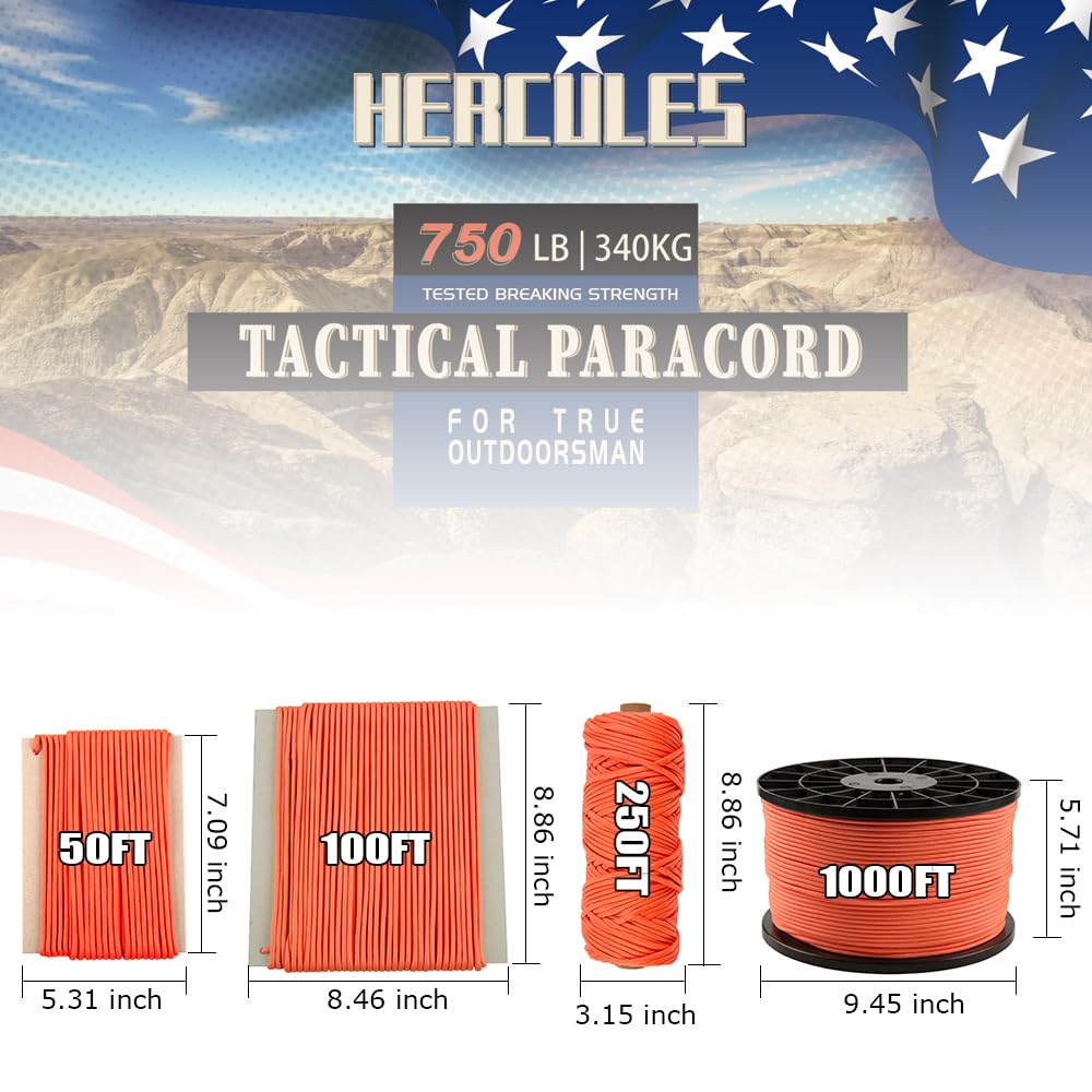 HERCULES 750lb Paracord 4mm 11 Strands Tactical Parachute Cord, 50' 100' 250' 1000' Utility Rope for Camping, Survival, Outdoor Gear (Neon Orange, 1000FT)