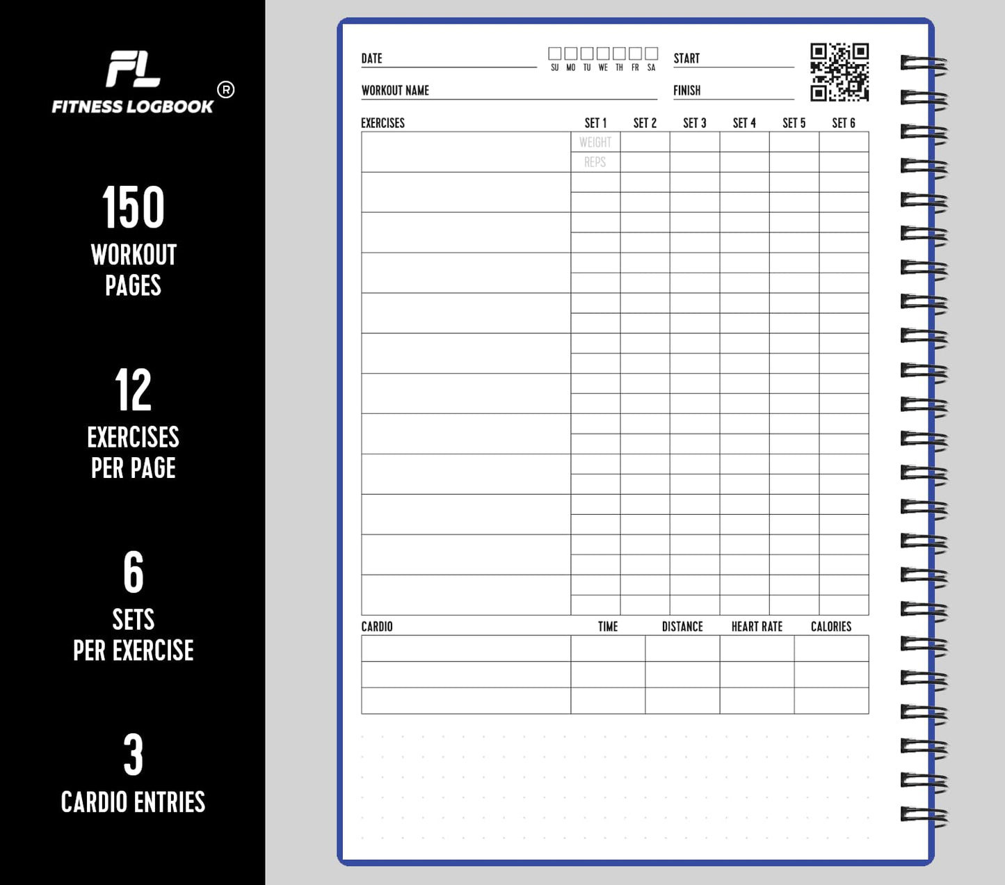 Fitness Logbook (Blue) - A5 Undated Workout Journal For Men & Women - Plastic Cover & Thick Paper - Planner Log Book To Track Weight Loss, Muscle Gain, Gym Exercise, Bodybuilding Progress