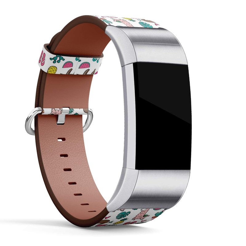 Compatible with Fitbit Charge 2 - Leather Wristband Bracelet Replacement Accessory Band (Includes Adapters) - Cool Cartoon Summer Print Sloth
