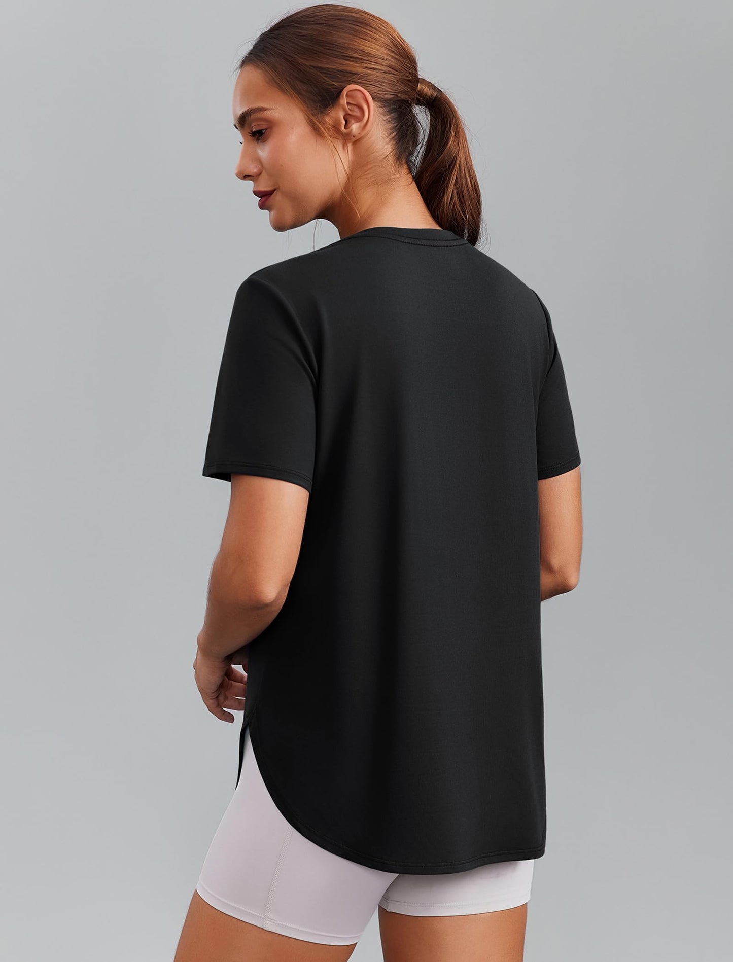 PINSPARK Workout Shirts Women Short Sleeve Gym Clothes UPF 50+ Athletic Tops Soft Exercise Running T-Shirt Activewear, Black Large