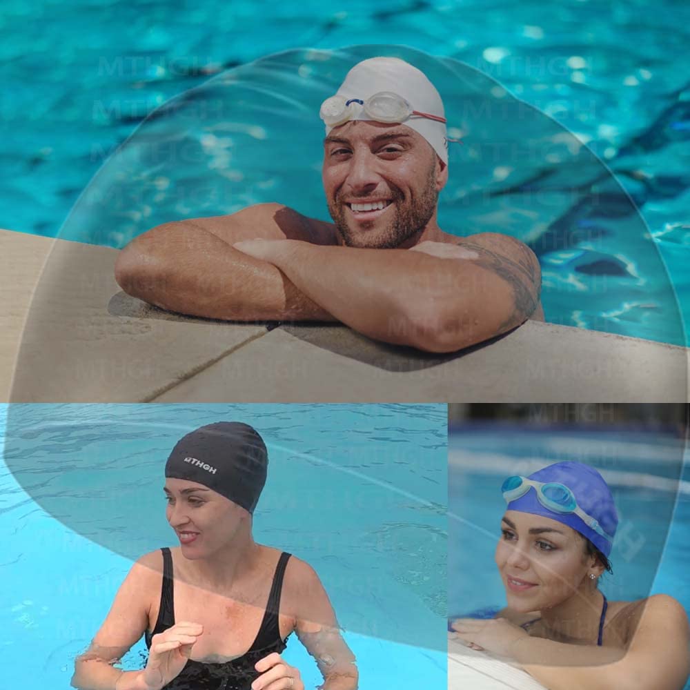 Swim Cap for Long Hair Women, MTHGH Silicone Swim Cap for Men Unisex Adults, 2Pack High Elasticity Large Swimming Cap (Black+White)