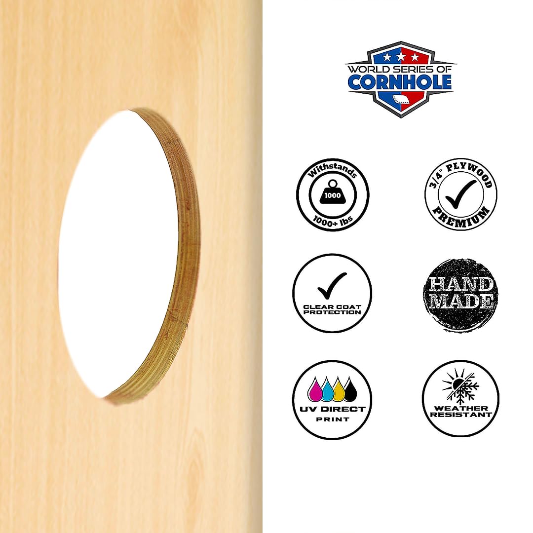 World Series of Cornhole Regulation Woodgrain Cornhole Set - 4'x2' Solid Wood Lightweight Outdoor Corn Hole Toss Game with 8 Bags and Carrying Case.