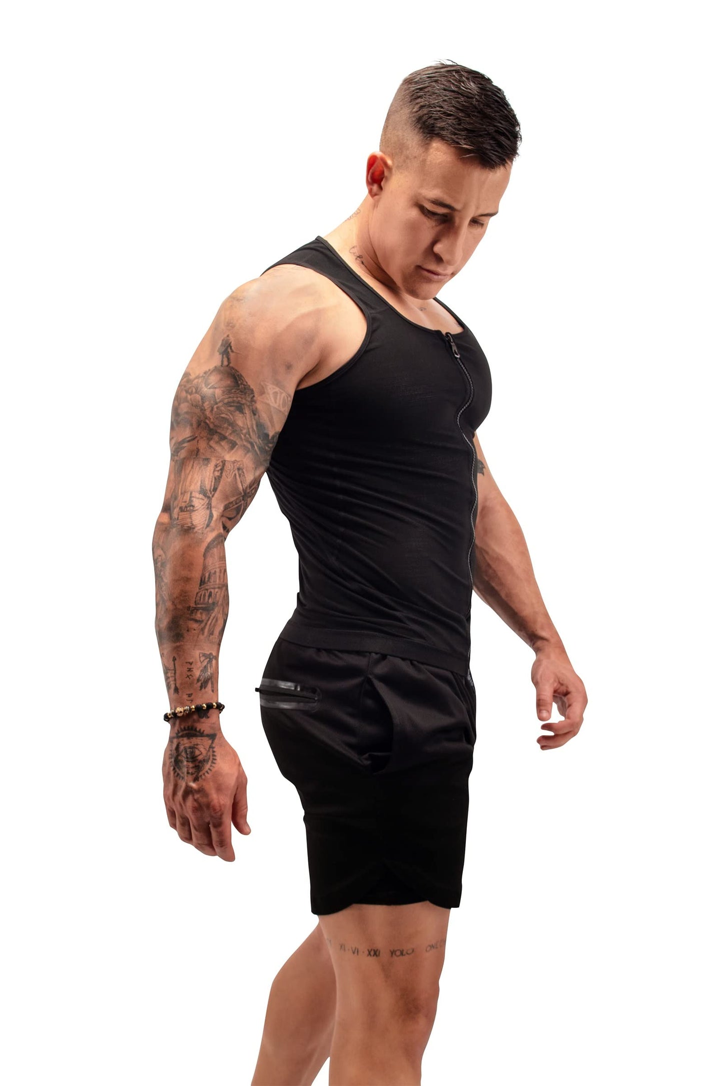FUXERT Sauna Vest for Men Workout Tank Top for Weight Loss Slimming Compression zipper Tank Top Sweat Enhancing Vest(SOBK L/XL)