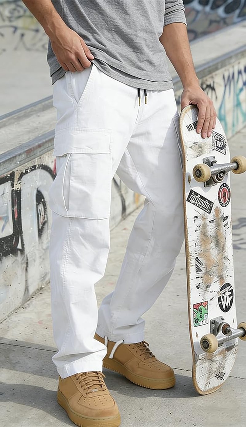 HUNGSON Mens Cargo Pants Drawstring Casual Hiking Pants Joggers Athletic Trousers Cotton Loose Straight Sweatpants for Men White